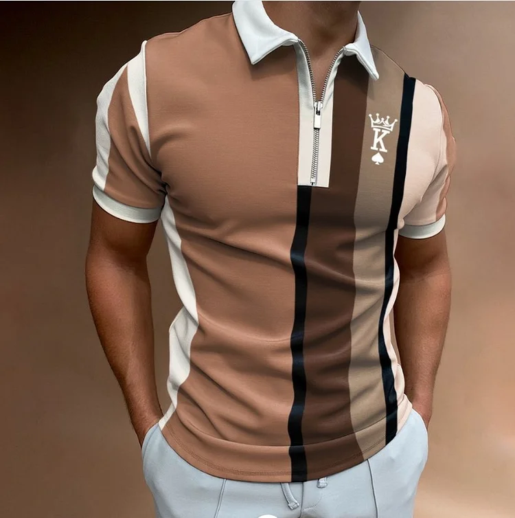 Poker Men's Tops Turn-down Collar Zippers Golf Letter Polo Shirts at Hiphopee