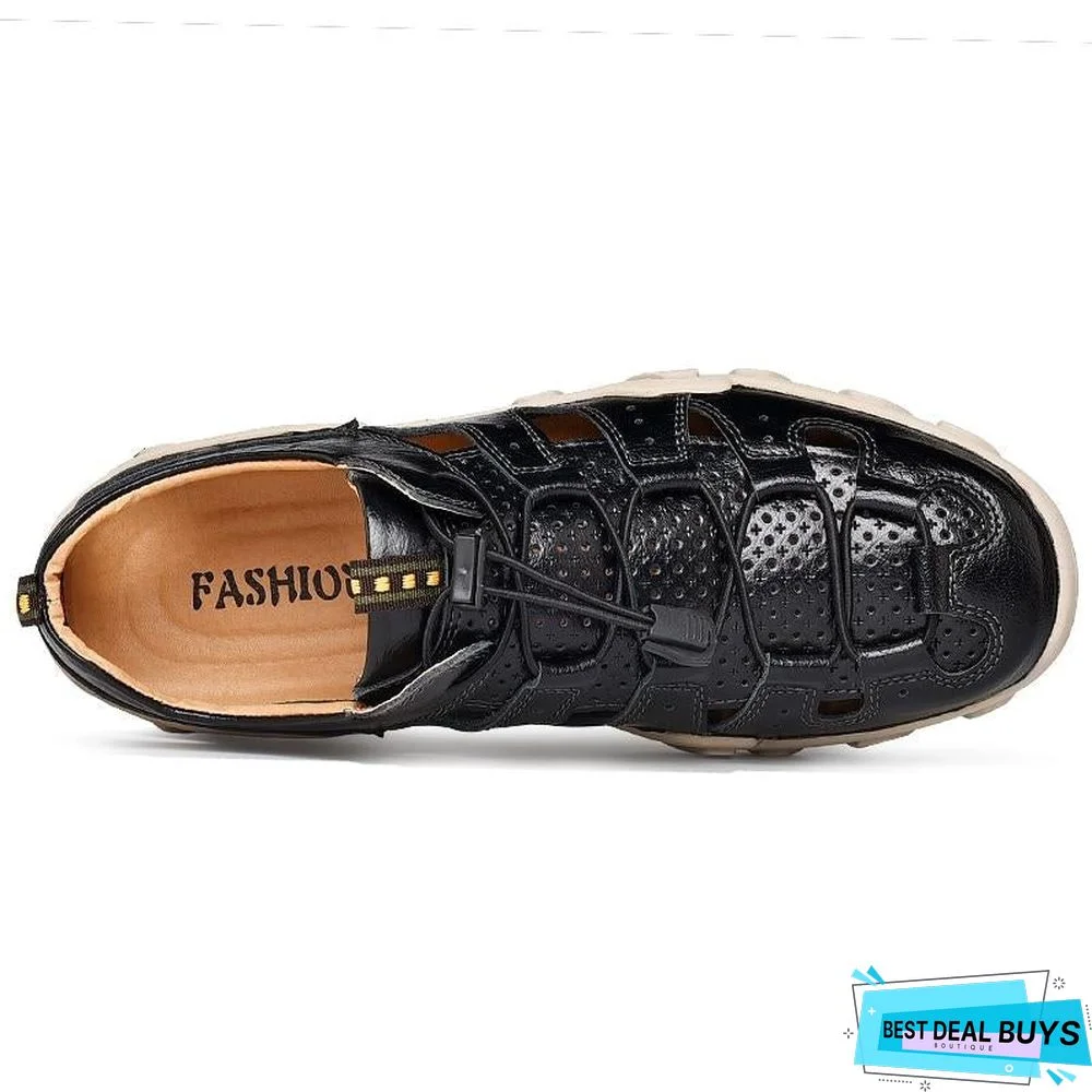 Men's Cow Genuine Leather Sandals Breathable Casual Shoes Footwear Walking Beach Sandals