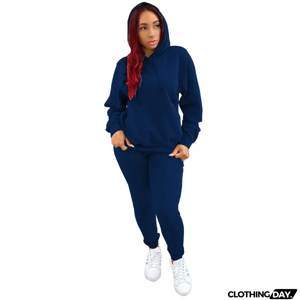 Women's Fall Winter Solid Hoodies Stretch Sport Casual Two-Piece Set