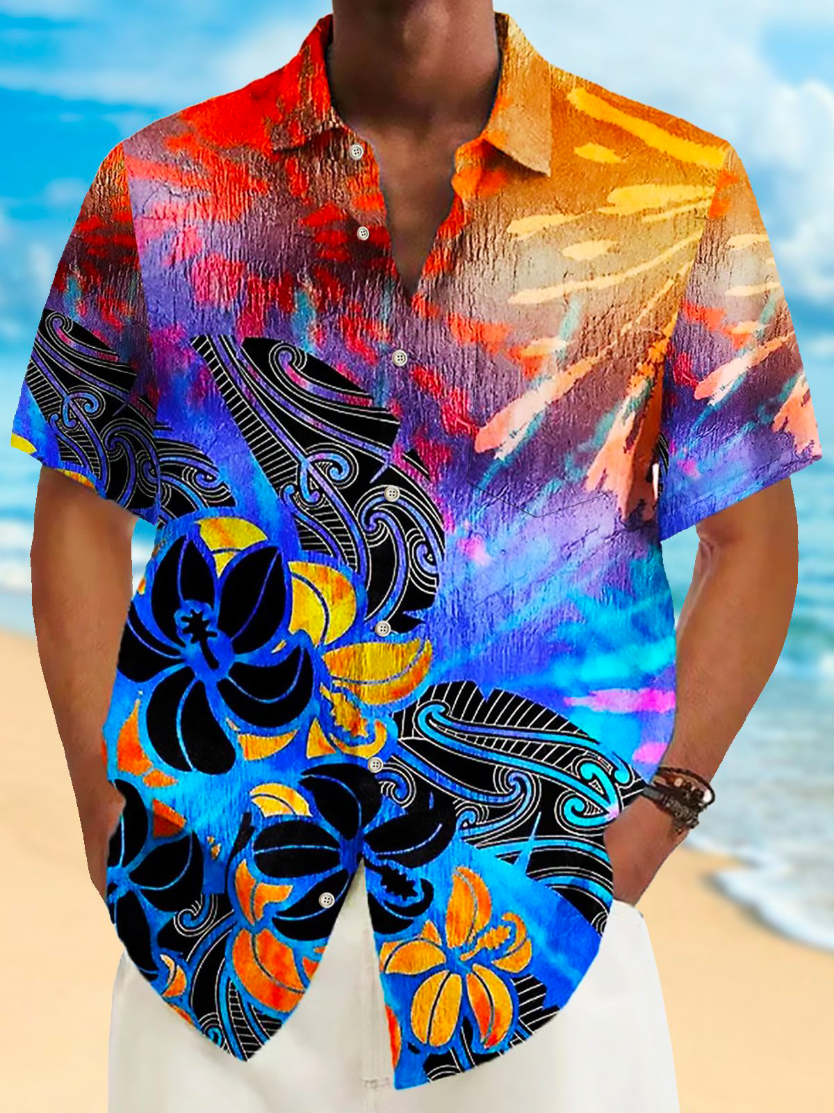 Retro Gradient Abstract Print Chest Pocket Short Sleeve Shirt PLUSCLOTHESMAN