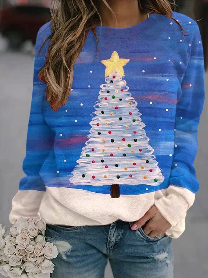Women's oil painting Christmas tree print sweatshirt
