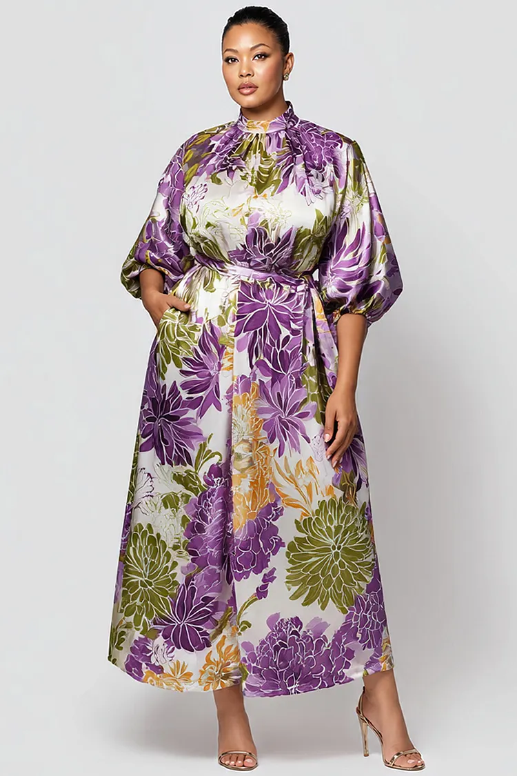 Xpluswear Design Plus Size Mother Of The Bride Purple Floral Mock Neck Lantern Sleeve Half Sleeve Pocket Satin Maxi Dresses [Pre-Order] 2024 - Xpluswear