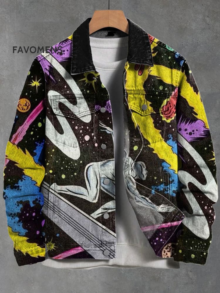Vintage Colorful Universe And Man Art Print Casual Denim Jacket Multicolor / S