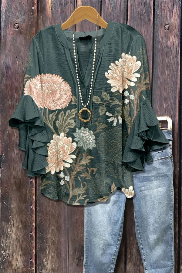 Chic Floral Print Ruffle Sleeve Top