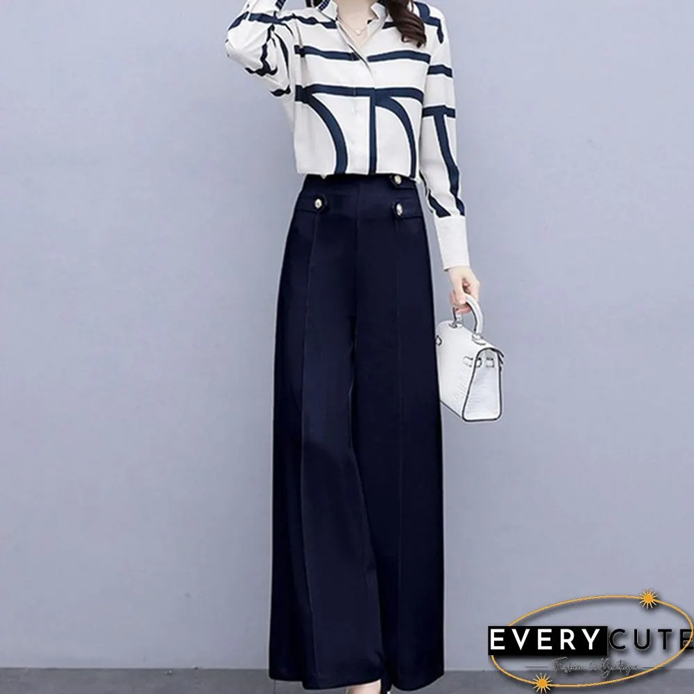 Autumn Fashion Office Two Piece Set Outfits Women Striped Chiffon Shirt Wide Leg Pants