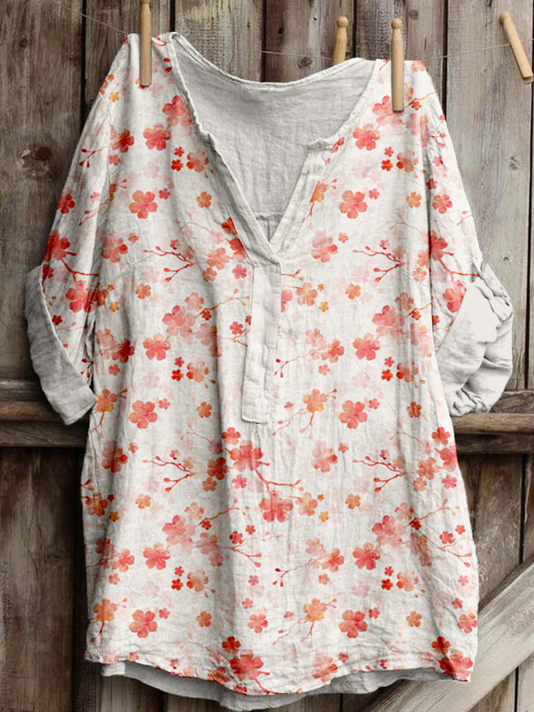 Comstylish Watercolor Cherry Blossom Art Linen Blend Cozy Tunic