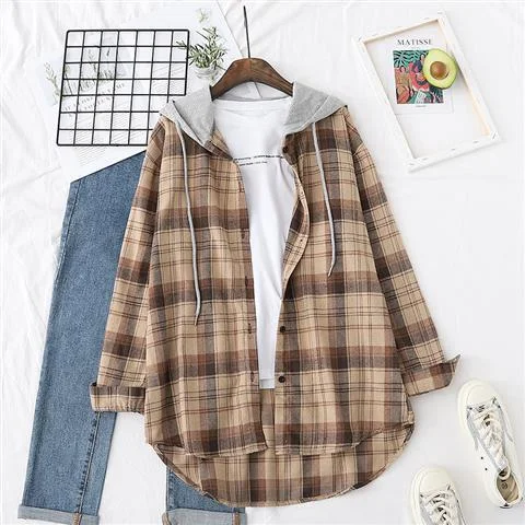 Spring Autumn 2021 New Plaid Shirts Womens Blouses Long Sleeve Lady Checked Tops Loose Hooded Female Outwear Casual Clothes