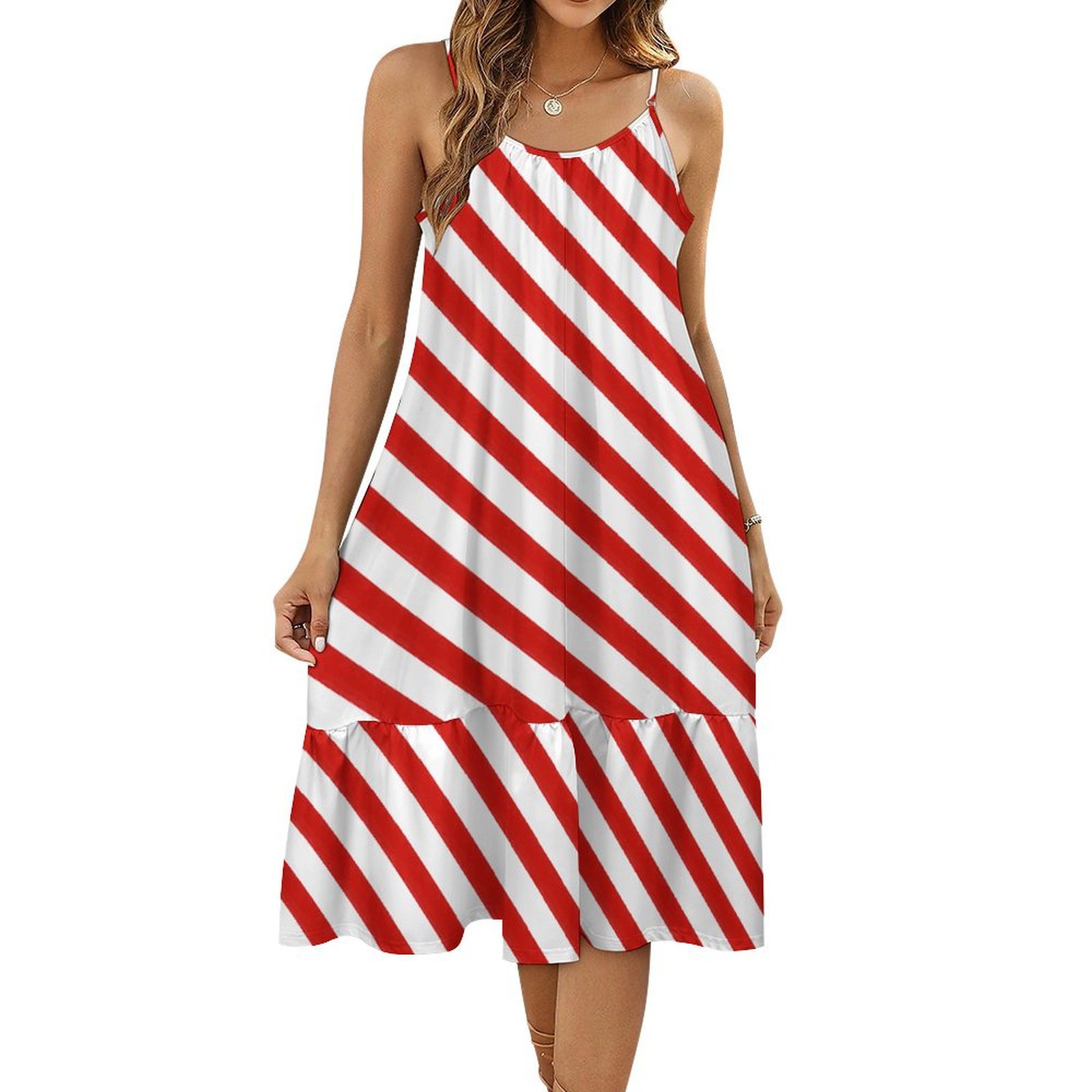 Candy Cane Stripes Festive Boho Sleeveless Dress Women's Loose Flowy Ruffle Midi Dresses