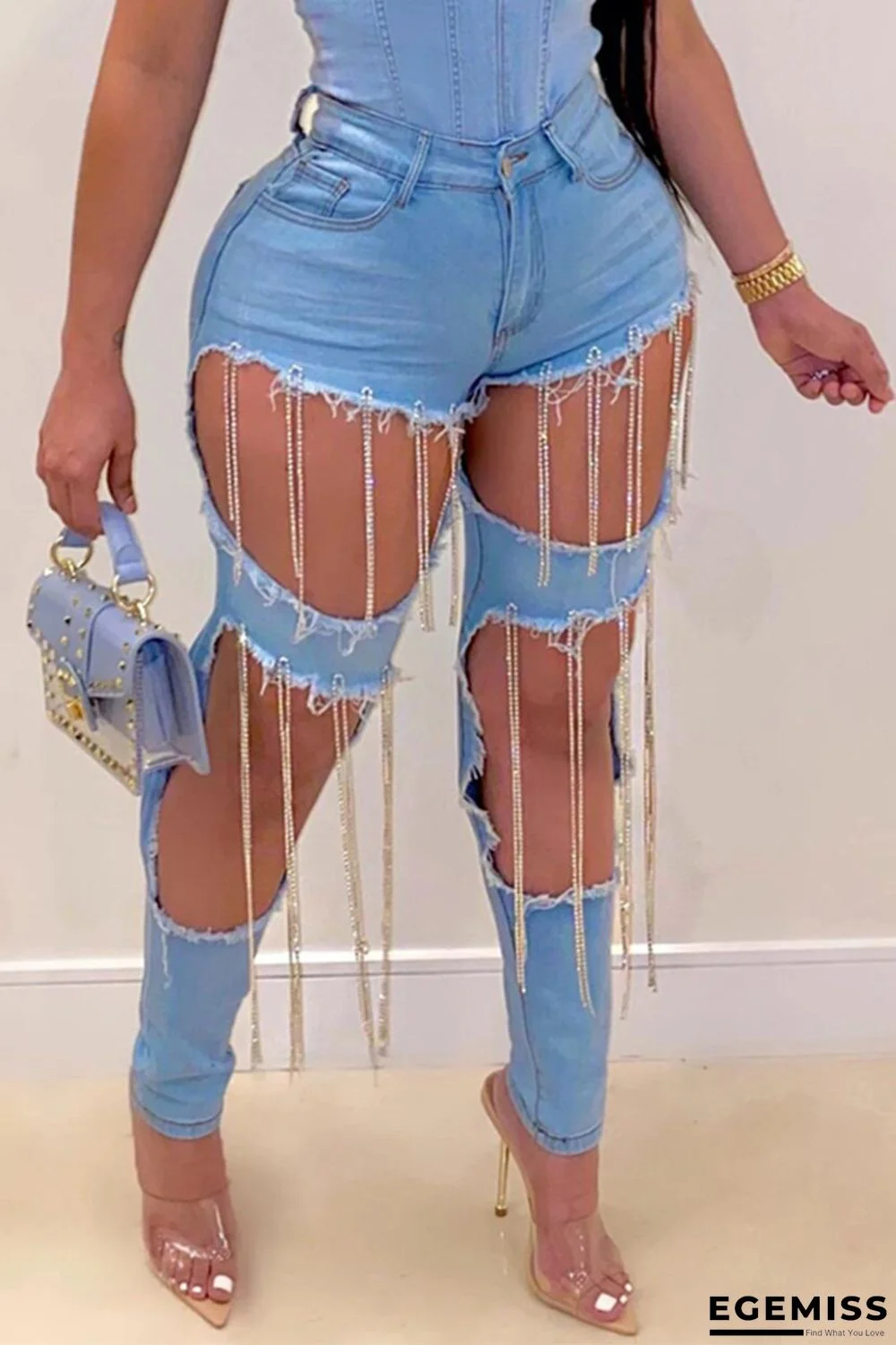 Blue Sexy High Waist Broken Hole Denim Trousers | EGEMISS