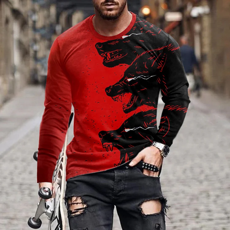 Men's Wolf Print Casual Long Sleeve T-Shirt