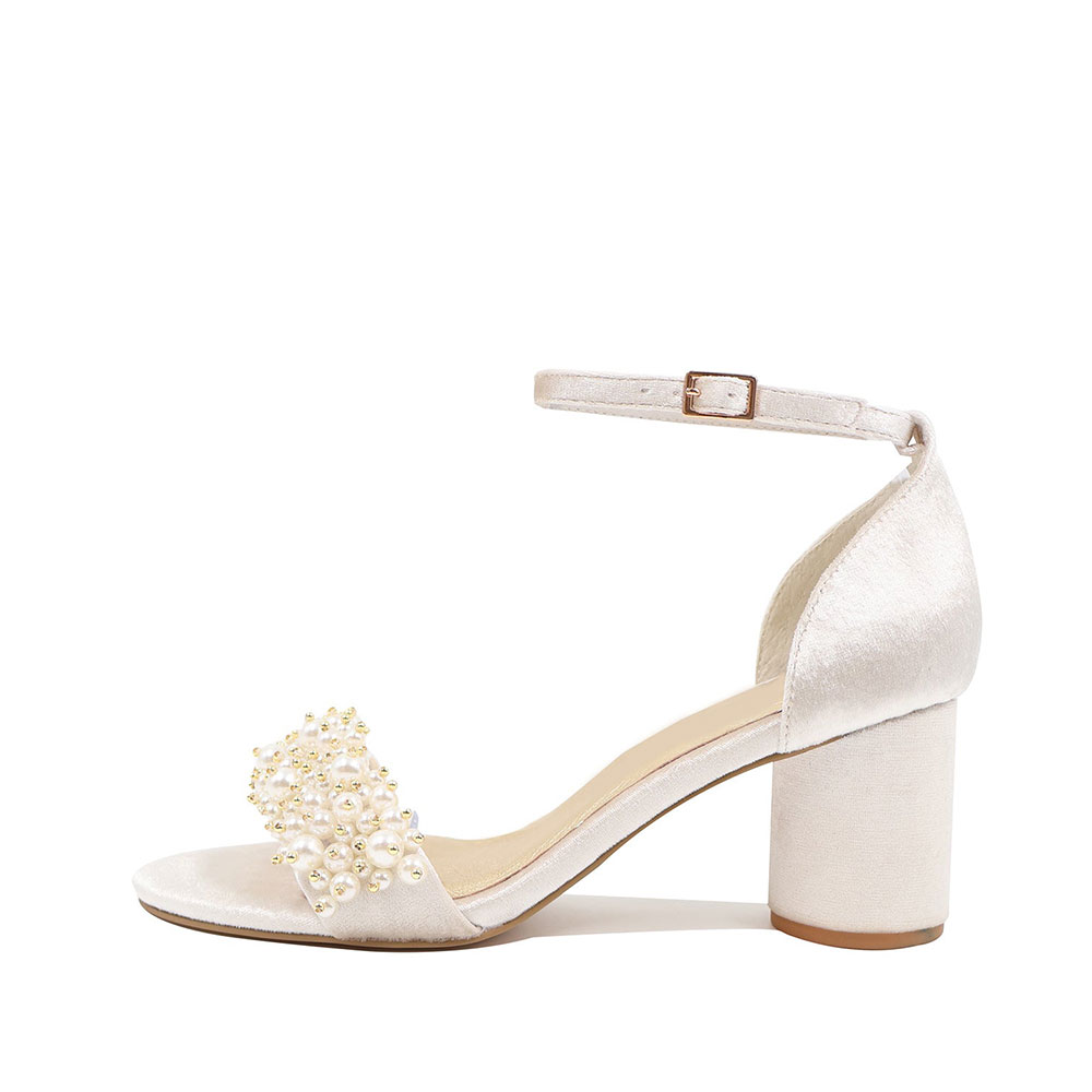 Ivory Velvet Pearl Sandals Ankle Strap Block Heel Bridal Shoes