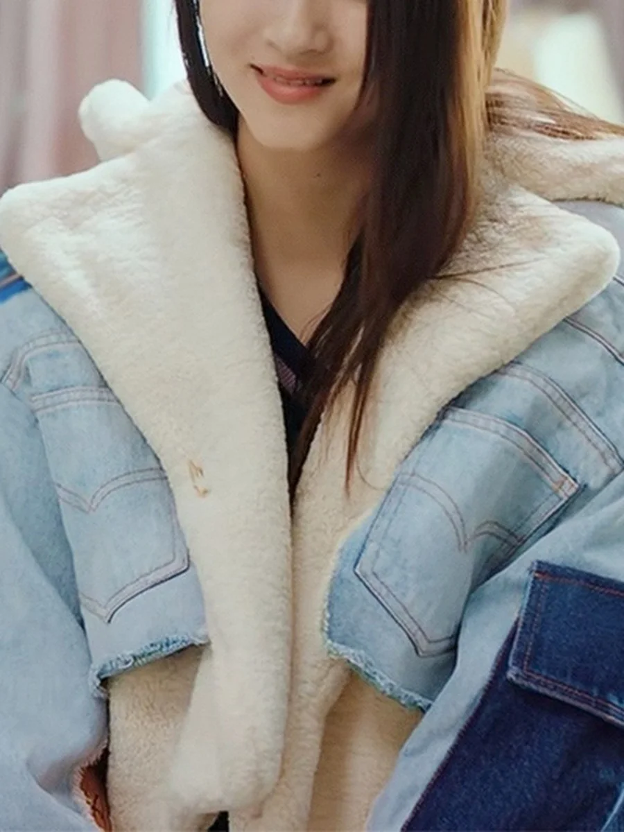 Toloer Toloer No Doubt Liang Shuang With The 2024 New Velvet Thick Denim Stitching Lamb Lapel Cotton Jacket Coat Female-Outfit Ideas