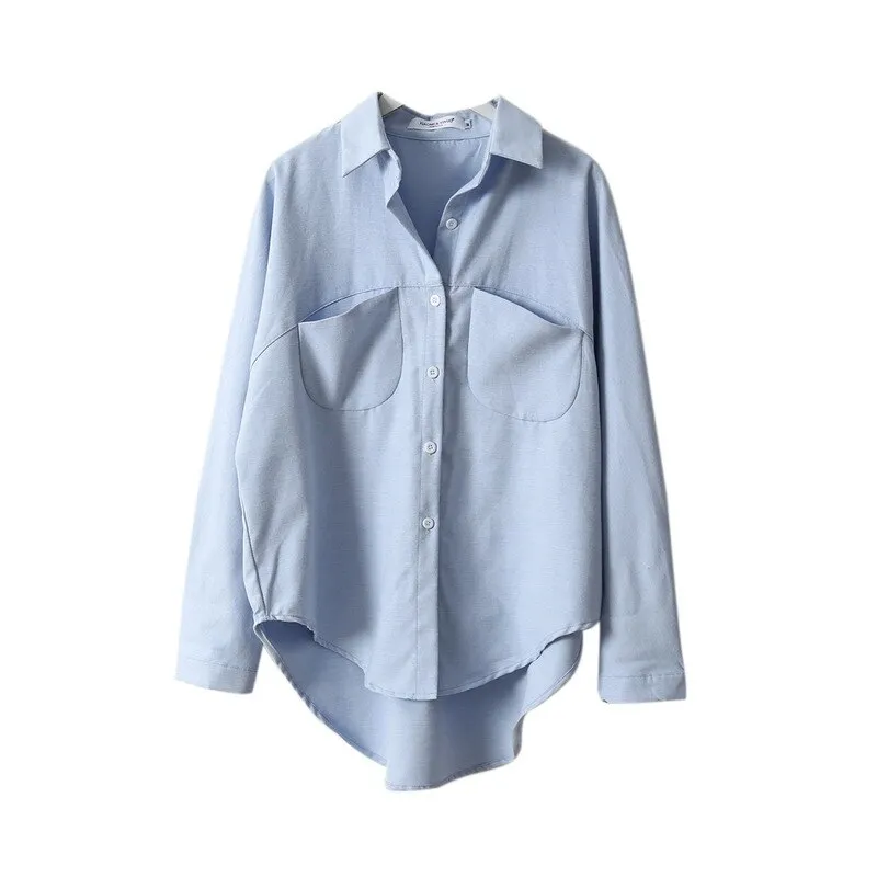 2021 Autumn Women Solid Cotton Blouse Korean Long Sleeve Top Women Vintage Gray Top and Blouse with Pocket Women's Clothing 6658