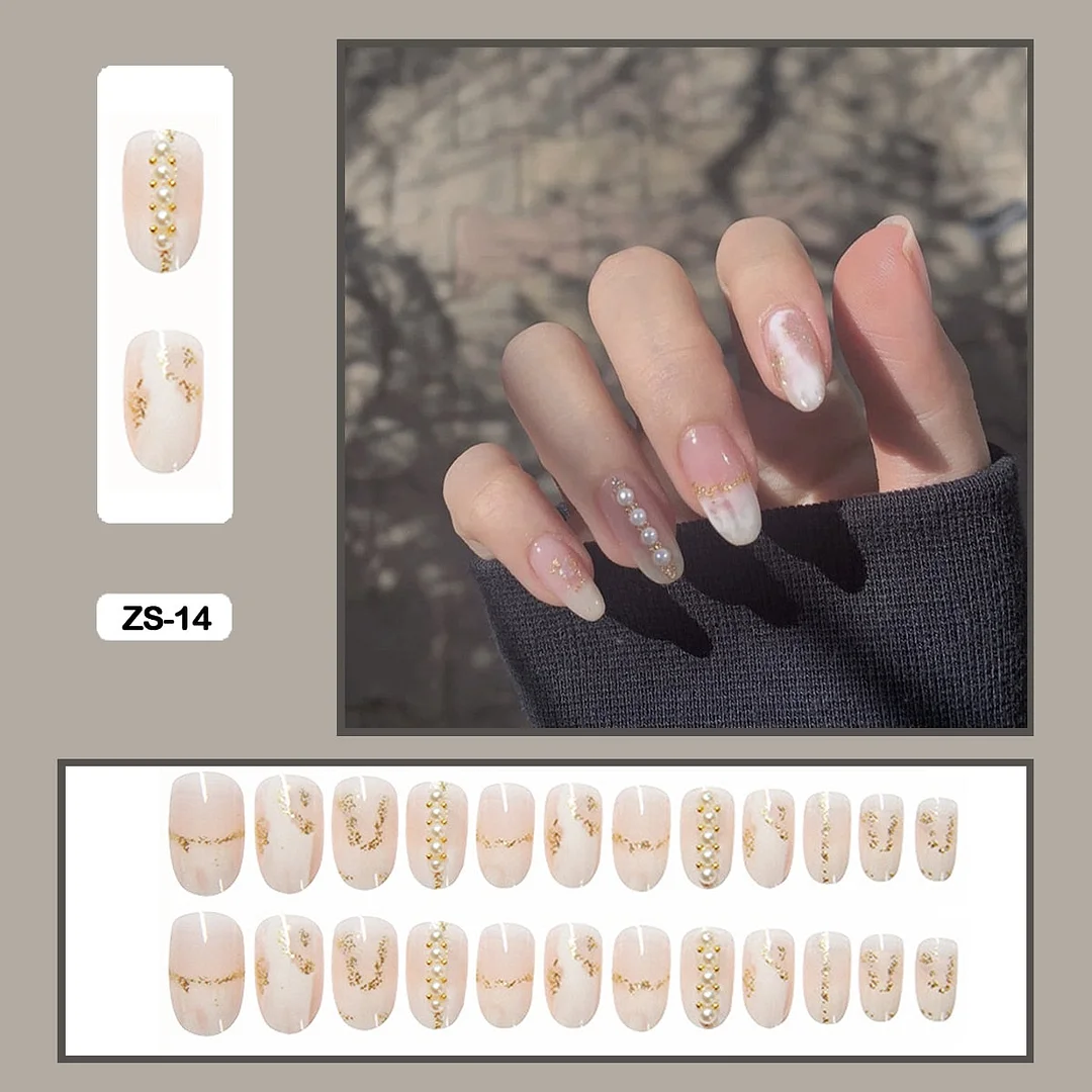 24PCS False Nails with Glue Rhinestones Long Trapezoid Detachable Pearl Stick on Nails Press on Nails Art With Wearing Tools-Nail Inspo