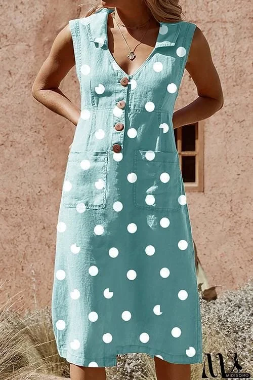 Dot Button Pocket Sleeveless Dress