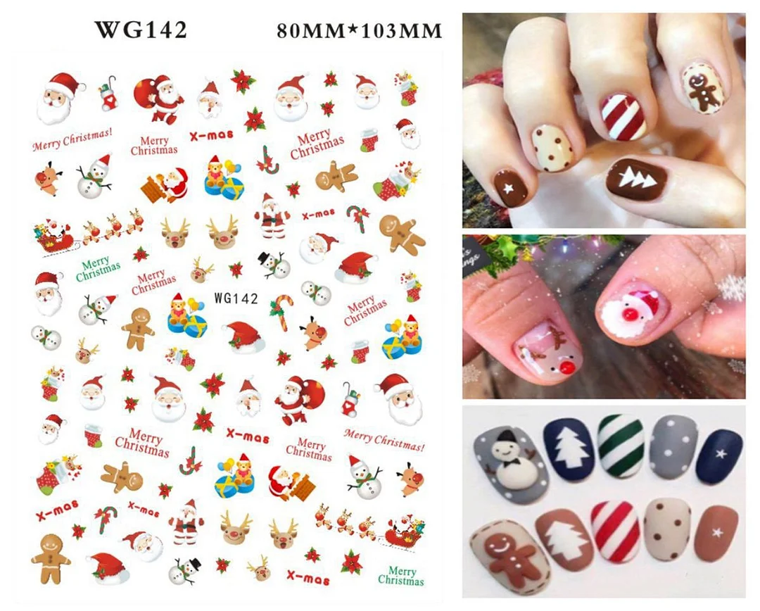 Merry Christmas 3D Nails Sticker Winter Cute Cartoon Sliders Snowflake Elk Xmas Tree Decal UV Gel Polisn Manicures Foils Decor-Nail Inspo