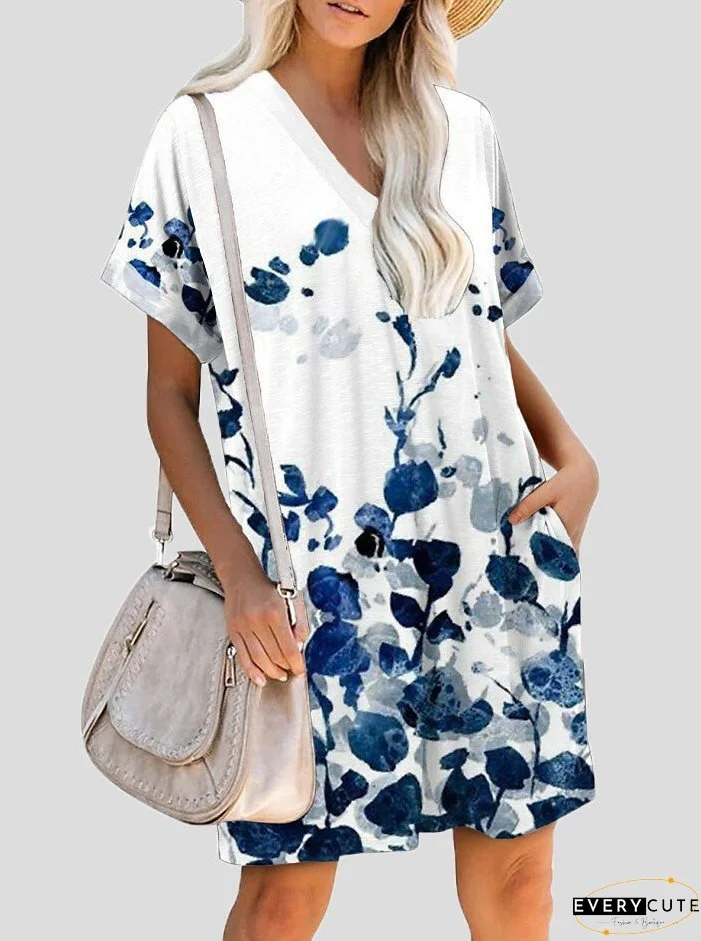 Dresses Printed V-Neck Pocket Short Sleeve Dress for Women