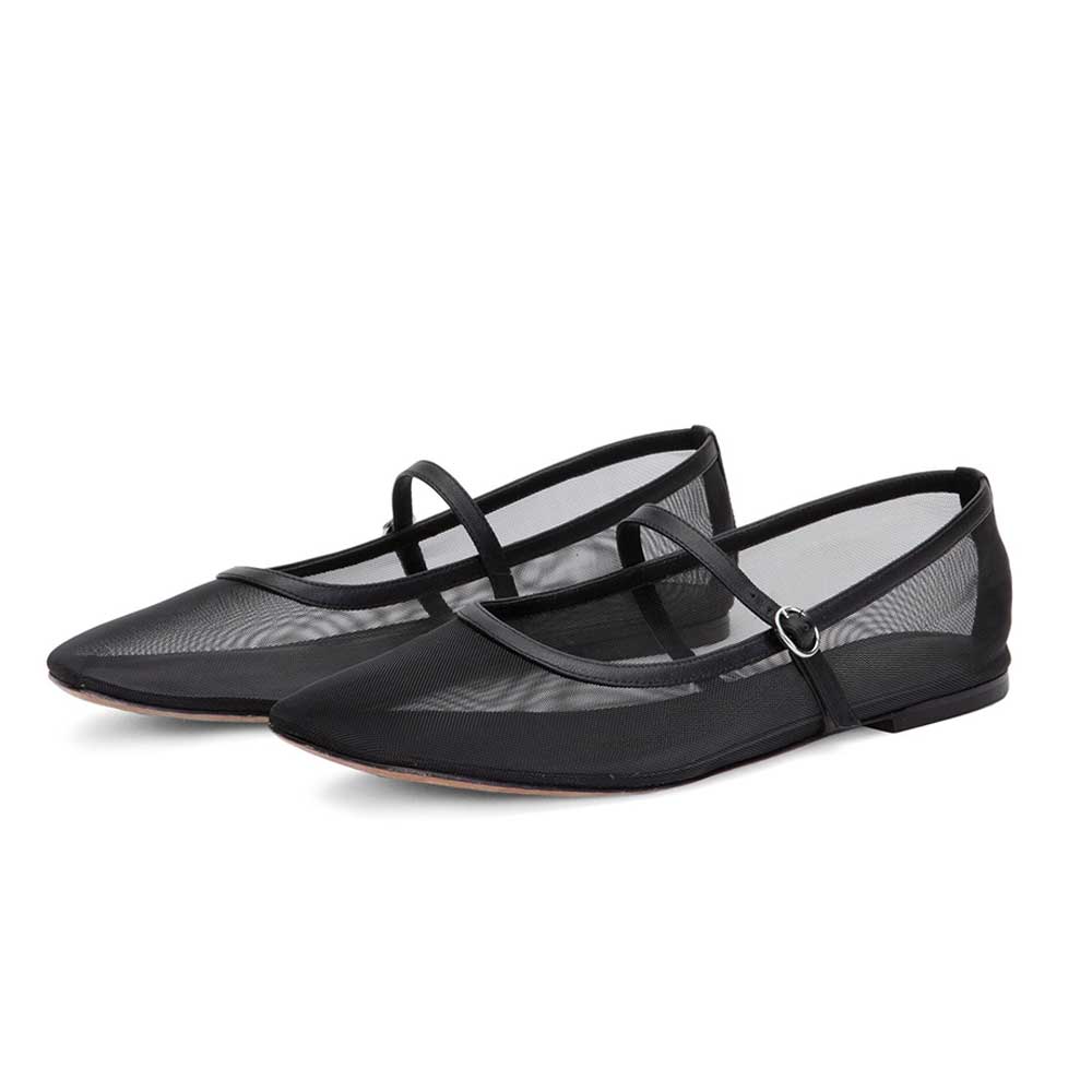 Black Mesh Round Toe Strap Comfortable Ballet Flats for Women Nicepairs