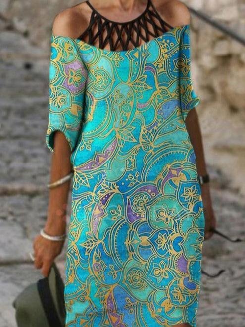 Women's Scoop Neck Short Sleeve Half Sleeve Printed Midi Dress