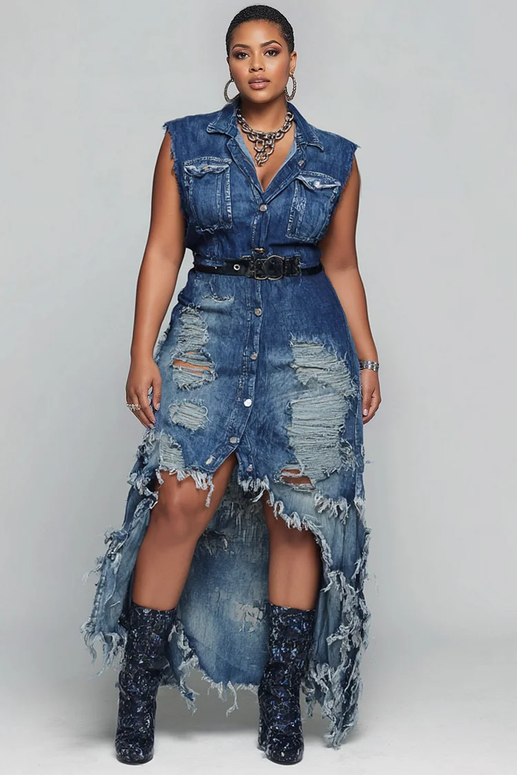 Xpluswear Design Plus Size Party Blue Shirt Collar Asymmetric Hem Irregular Hem Distressed Denim Midi Dresses [Pre-Order] 2024 - Xpluswear