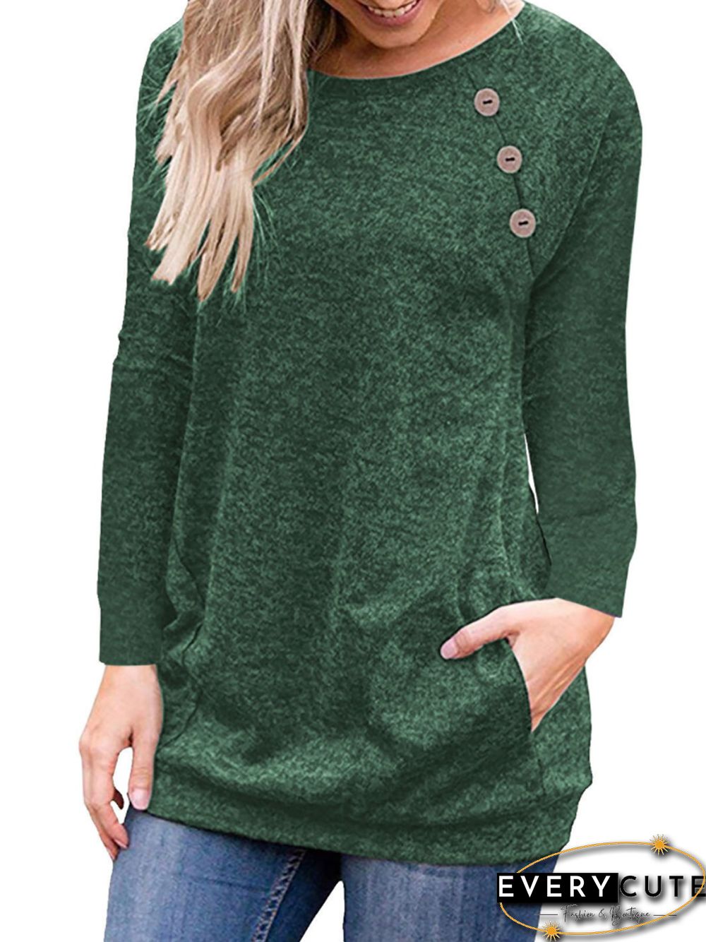 Casual Solid Button Long Sleeves Tunic Pocket Long Sleeve T-shirt