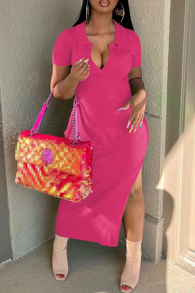 Rose Red Sexy Solid Split Joint Slit Turndown Collar Dresses