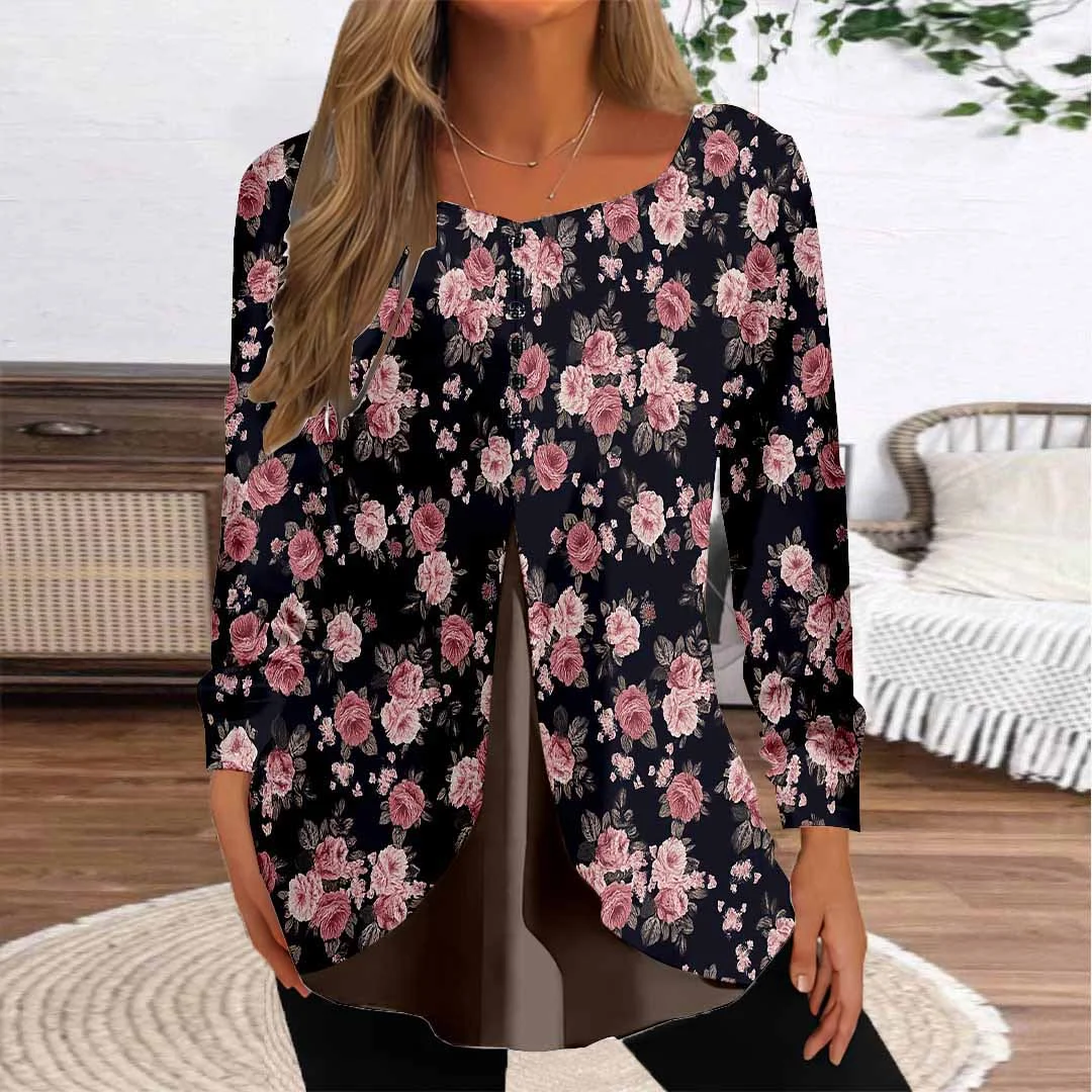 Women Floral,Black DZGG8266 Long Sleeve Scoop Neck Printed Graphic Button Fake 2in1 Tops