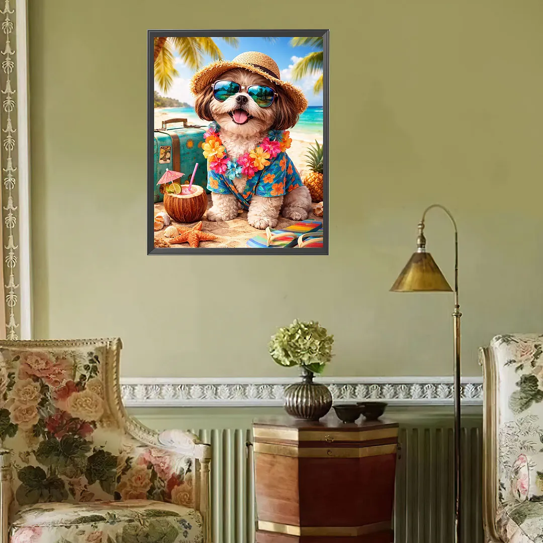 Beach Vacation Puppy 5D DIY Full Square Drill Diamond Painting Kits for Adults Beginners Home Decor Diamonds Dots Gem Art Kits Diamonds Paintings Gem Art 17.72x21.65inch