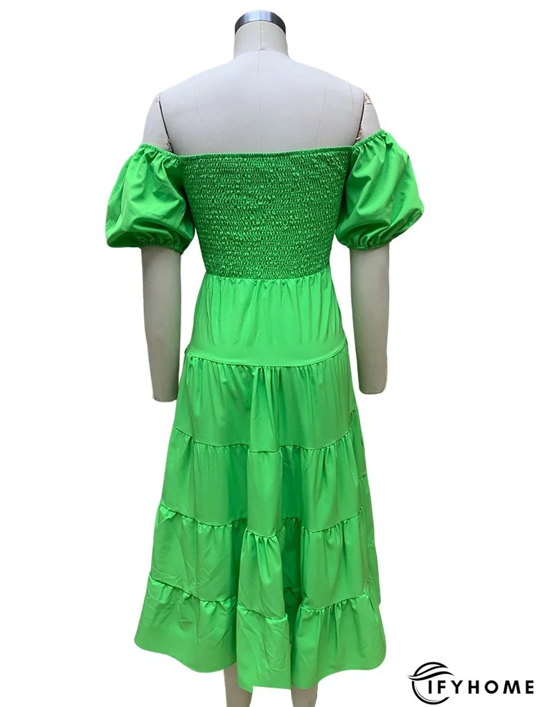Summer Women's Fashion Loose Off Shoulder Puff Sleeve A-Line Midi Dress | IFYHOME