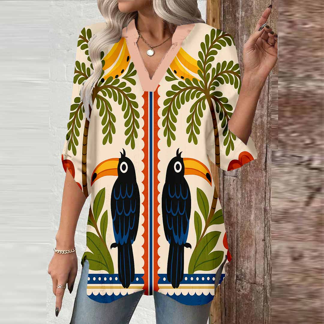 Women Tropical, Birds, Green DZGA0070 3/4 Sleeve V-neck Printed Graphic Button Tops