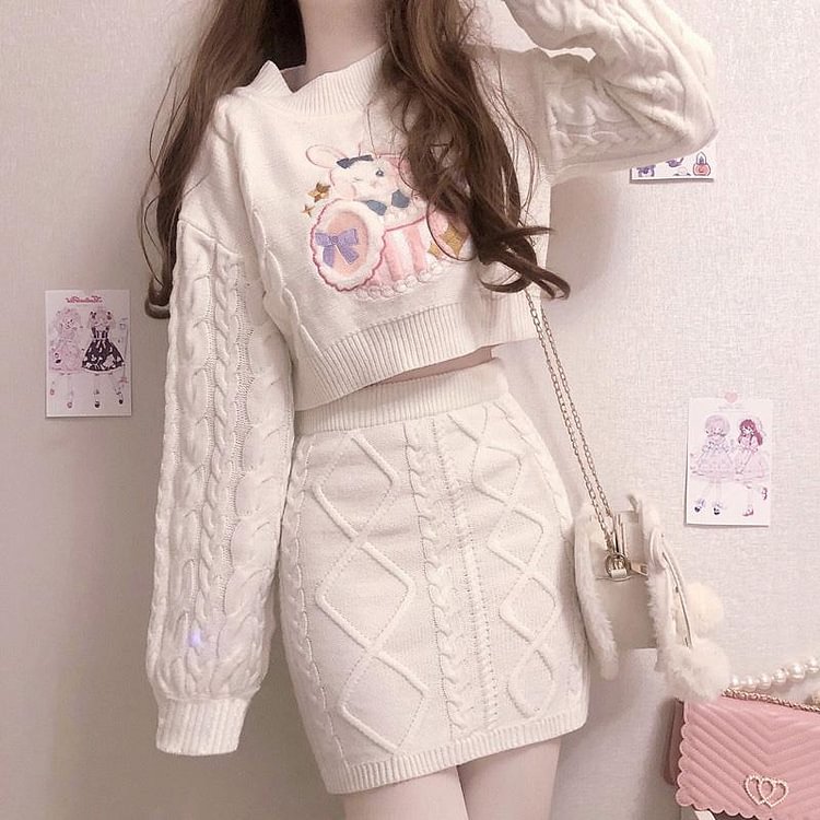Bunny Embroidery Crop Sweater Skirt - Modakawa