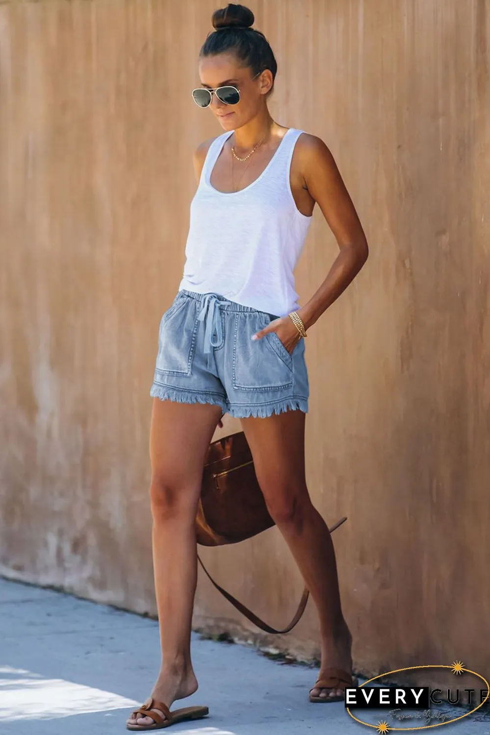 Sky Blue Casual Pocketed Frayed Denim Shorts