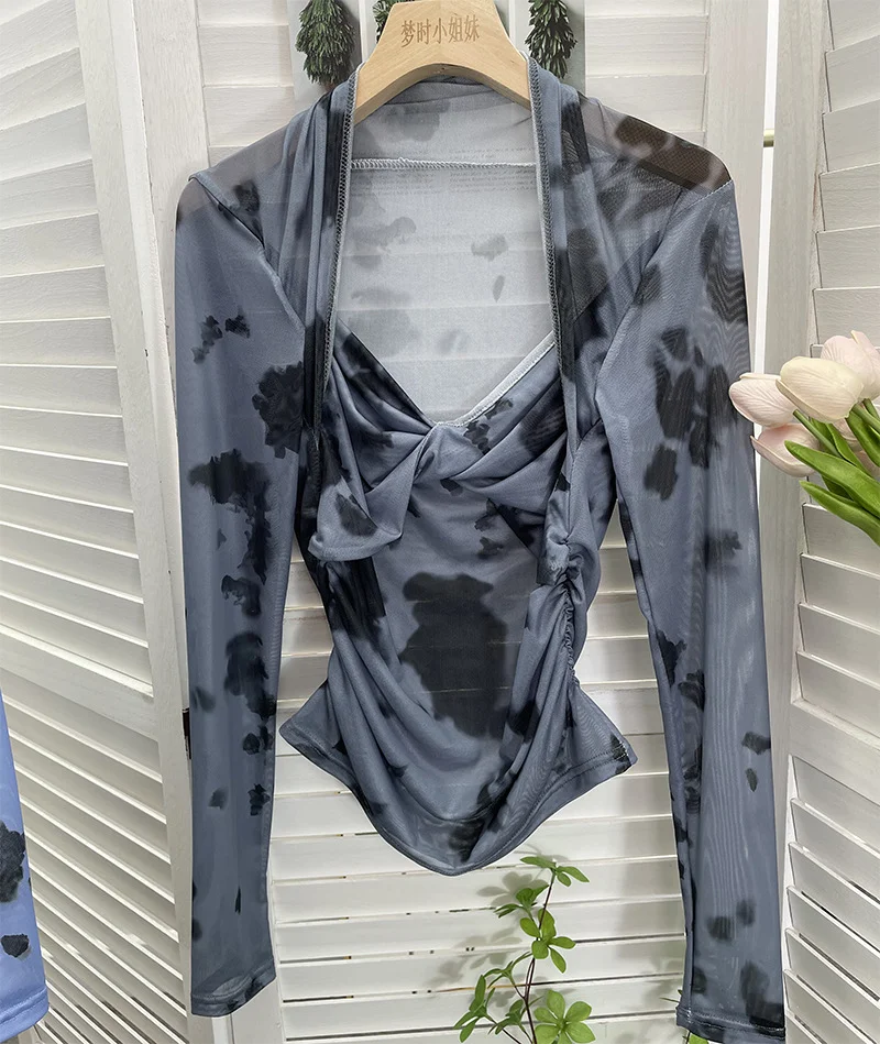 Uveng Explosion Tie-Dye-Print Long Sleeve Bottom Sexy Hottie V-Neck T-Shirt Folded Slimming Mesh Yarn Top 8929