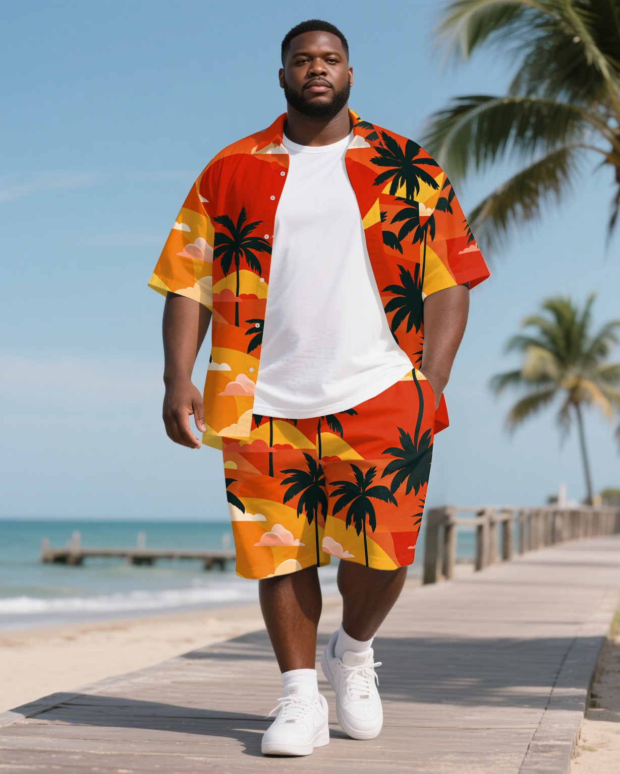 Big Men's Hawaiian Scene Coconut Trees Style Short Sleeve Shirt & Shorts 2-Piece Suit
