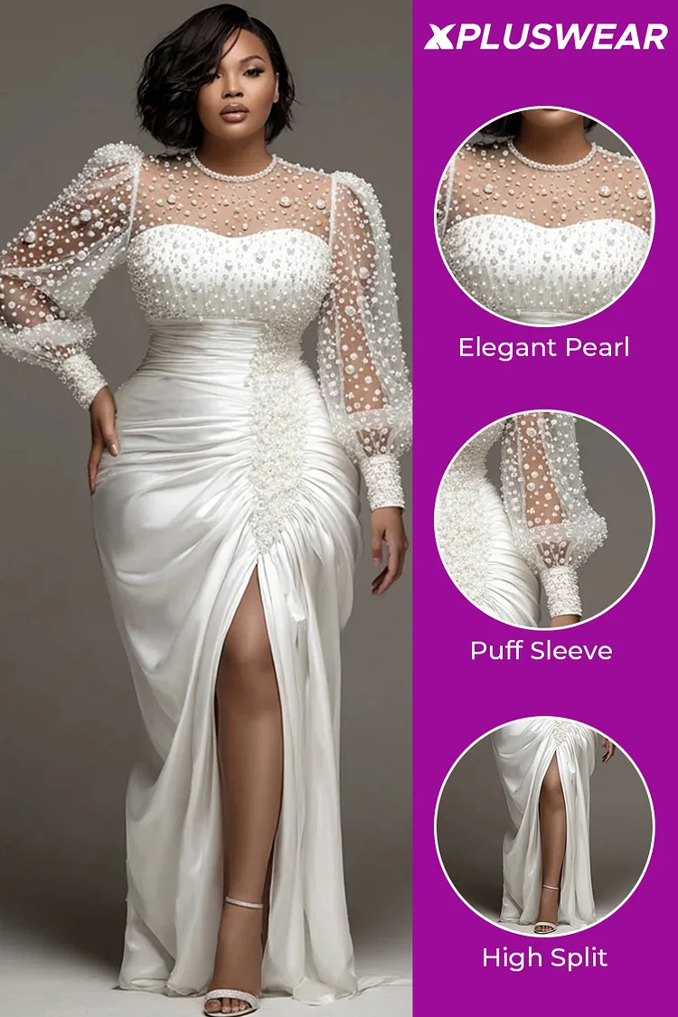 Xpluswear Design Plus Size Wedding Tulle White Round Neck Puff Sleeve Long Sleeve See Through Pearls Satin Maxi Dresses
