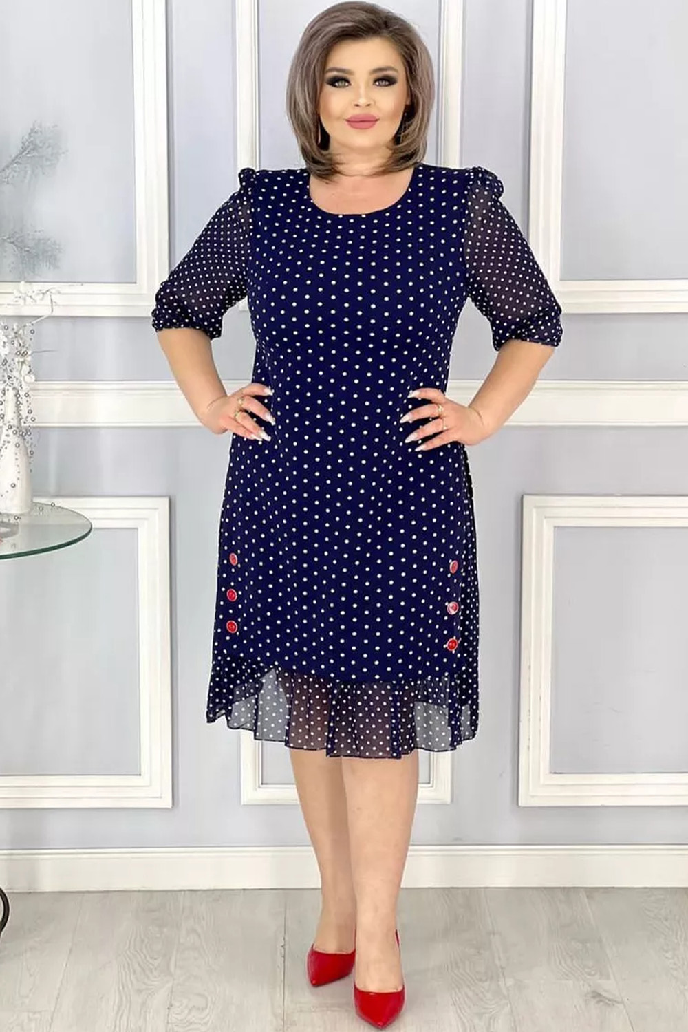Plus Size Everyday Navy Blue Chiffon Polka Dot Print Half Sleeve Button Decor Midi Dress 2024 - Flycurvy 