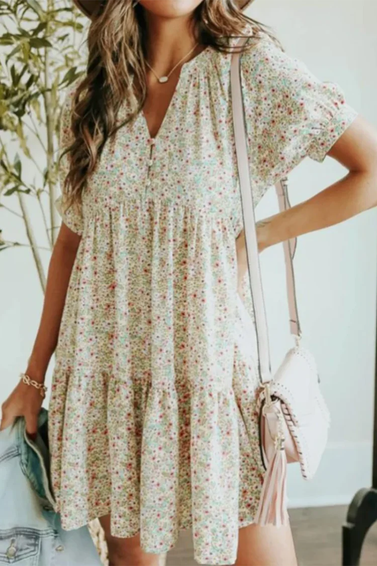 Casual Floral Buckle Flounce V Neck A Line Dresses