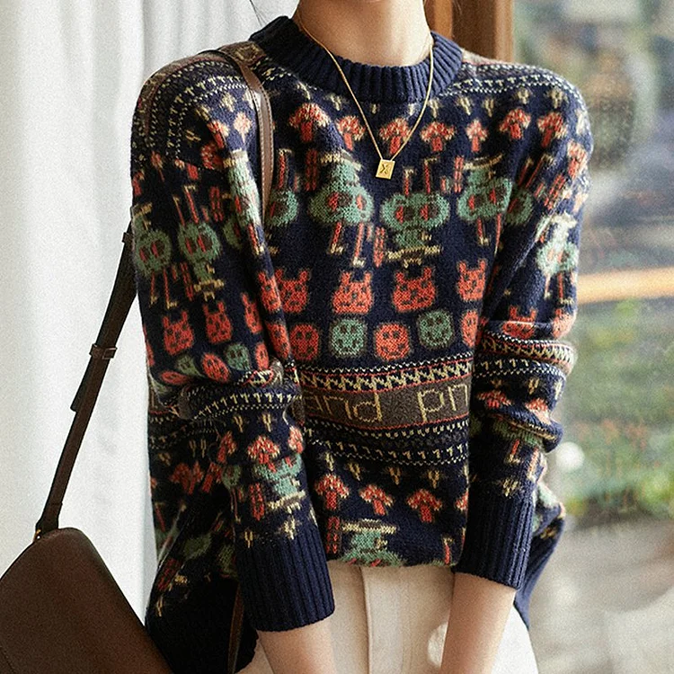 Black Knitted Knitted Cartoon Casual Sweater QueenFunky