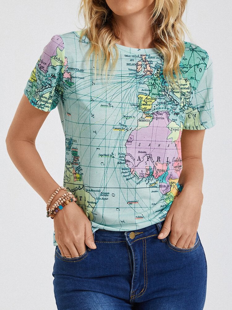 Map Print O neck Short Sleeve Casual T Shirt For Women P1838067