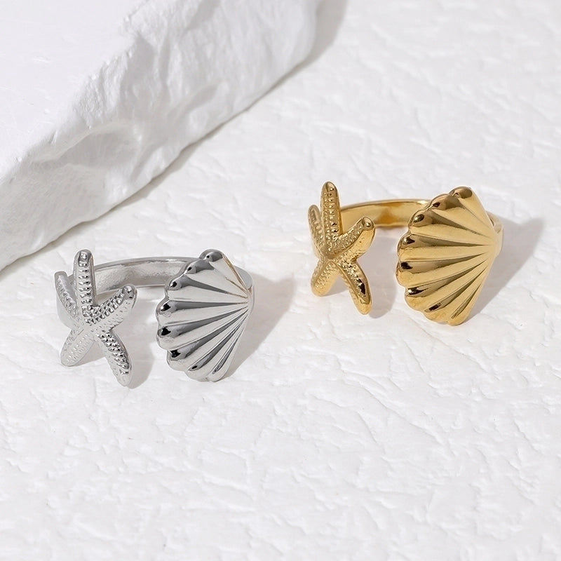 Vacation Beach Minimalist Starfish Shell 304 Stainless Steel 18K Gold Plated Open Rings