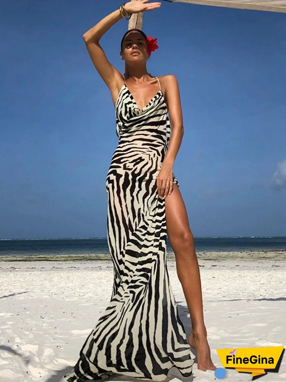 Sexy Spaghetti Strap Side Split Beach Dress Summer Sundress Women Clothes Elegant Zebra Back Open Club Party Dresses