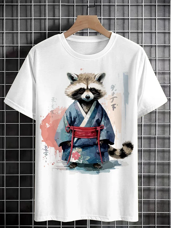 <💯Cotton> Men's Baby Raccoon Samurai Japanese Art Print Cotton Casual T-Shirt