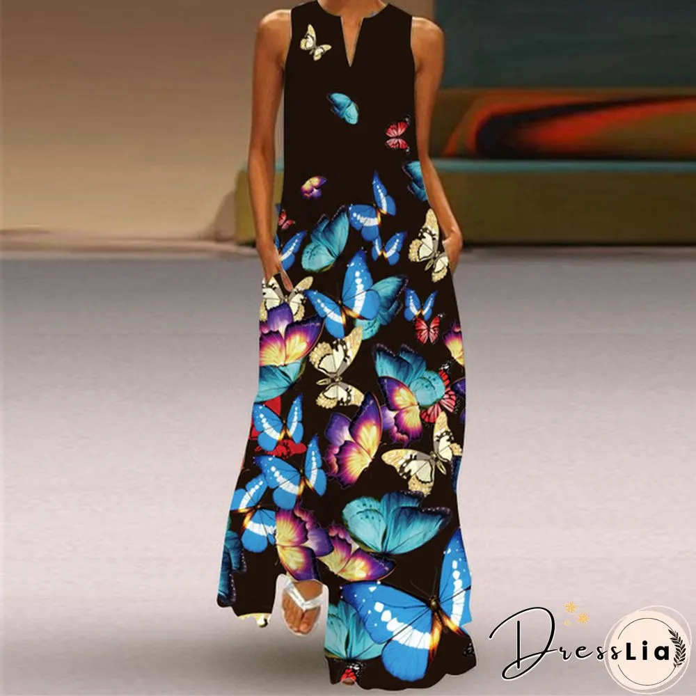 New Fashion Print Summer Dress Casual Sexy Boho Beach Women Party V-neck Sleeveless Pocket
