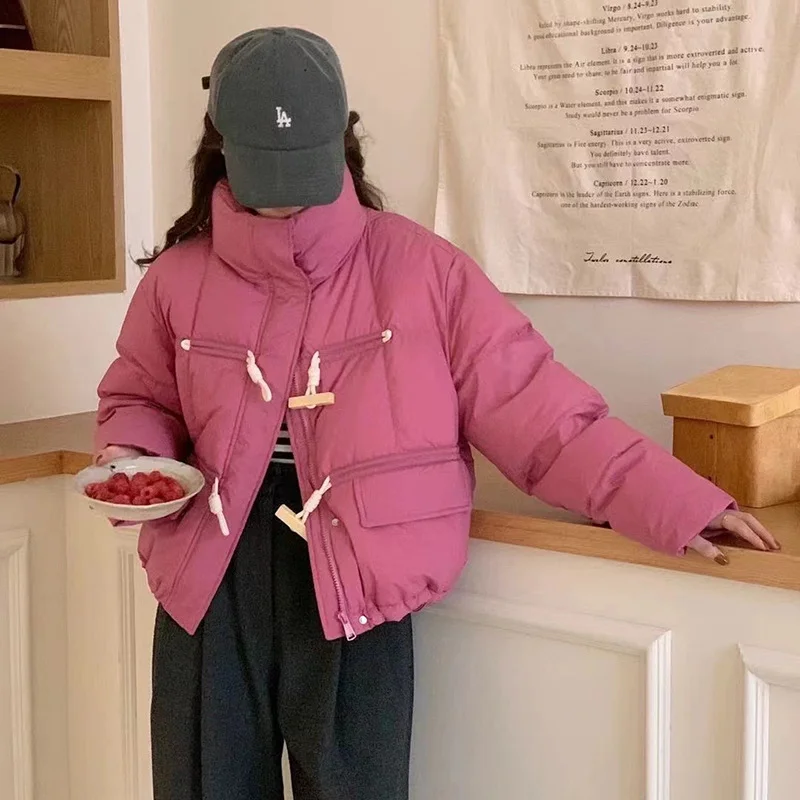 Toloer Sweet Wood Button Short Down Jacket Female 2024 Winter New Stand Collar Small Warm White Duck Down Bread Coat-Outfit Ideas
