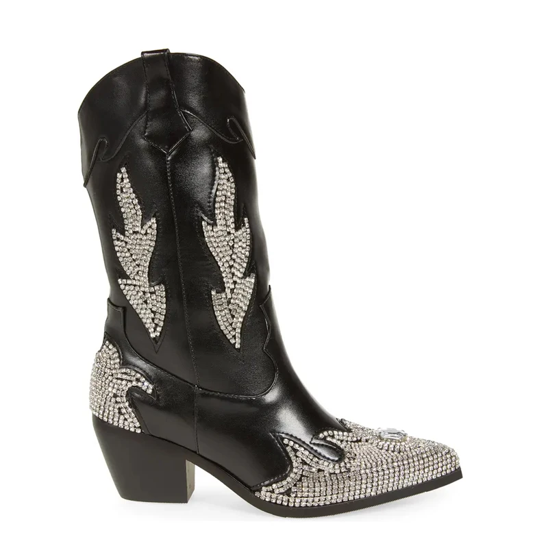 Cowgirl Black Wide Mid Calf Boots Women Pointed Toe Rhinestone Western Cowboy Boots