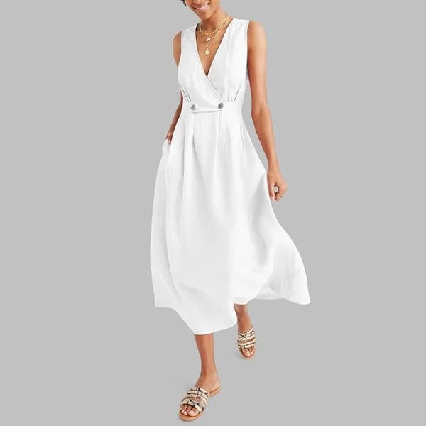 Sexy Elegant V Neck Solid Color Sleeveless Dress White Dresses