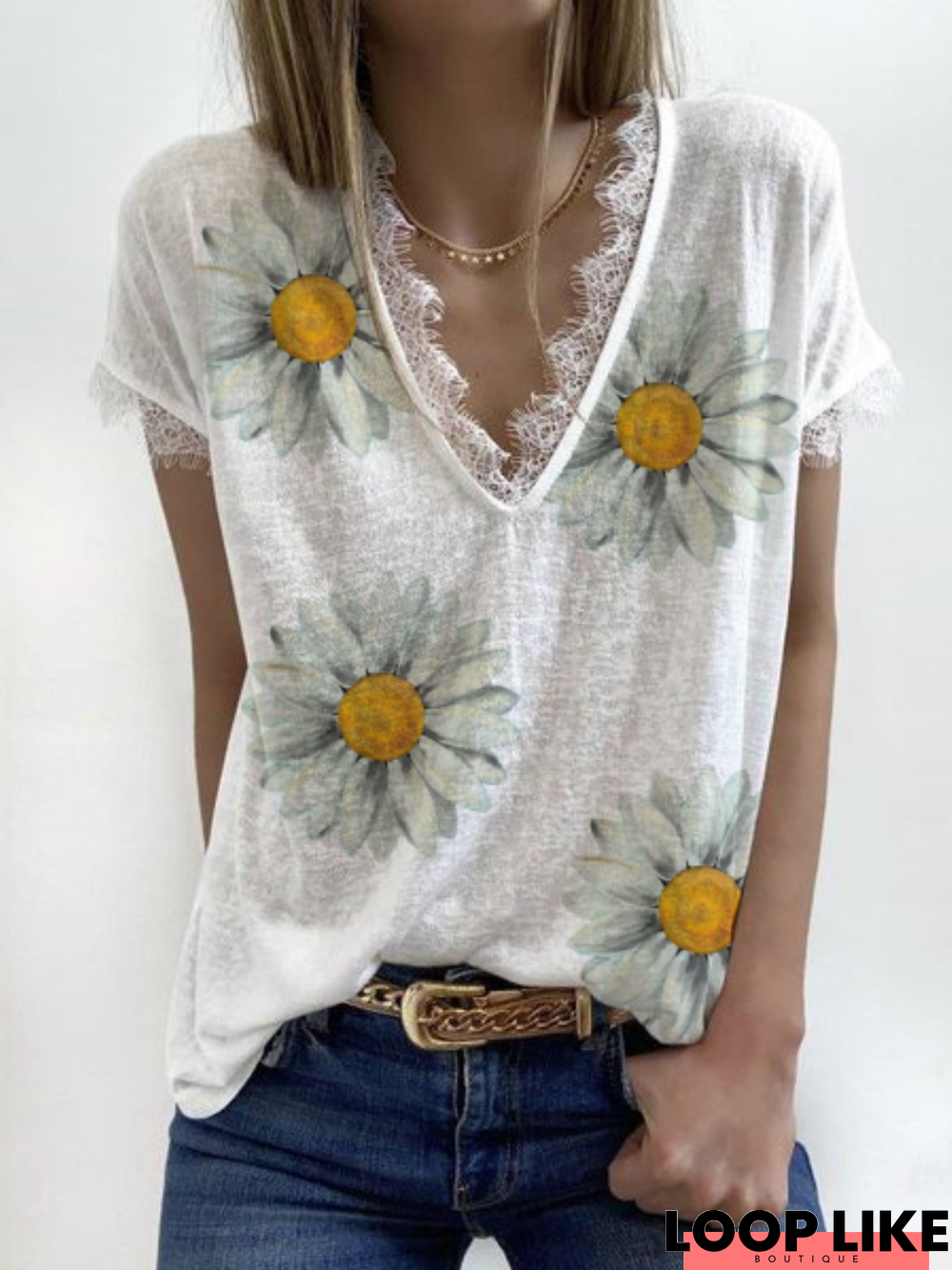 Plus size Floral V Neck Casual Tops