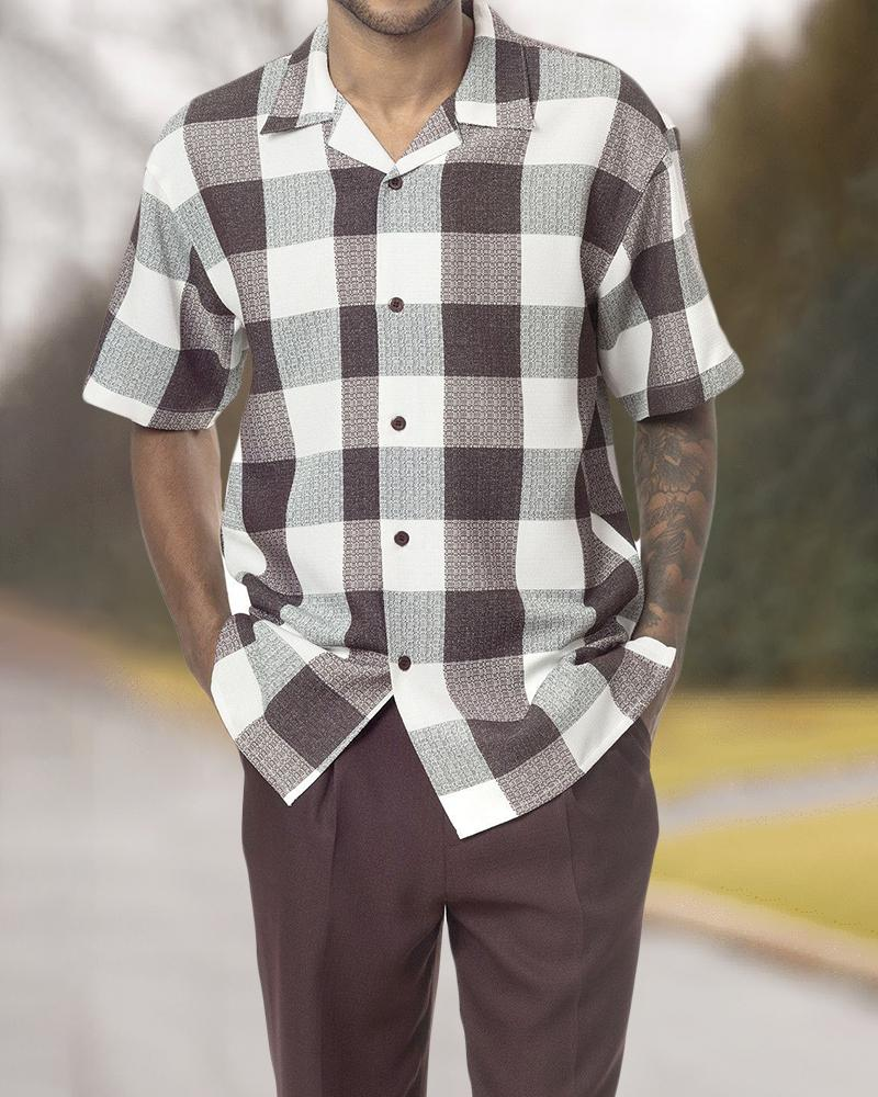 Short Sleeve Print Walking Two Piece Suit Set With Long Pants