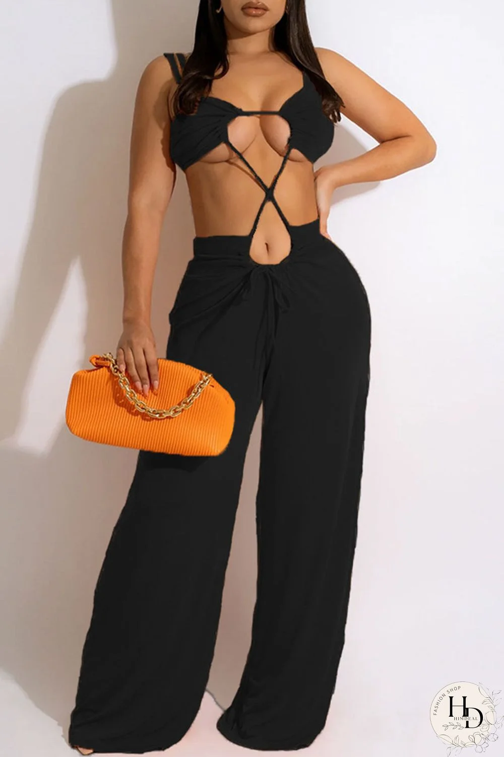 Rose Red Sexy Solid Hollowed Out Patchwork Spaghetti Strap Straight Jumpsuits