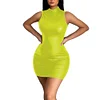 High Street Stretch Solid Color PU Mini Dress for Womens Sexy Sleeveless Short Club Dress Bodycon Matte Faux Leather Party Dress